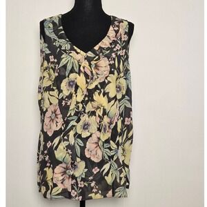 Cabi Women Sleeveless Floral Blouse Size L Black Pastel Floral V-Neck